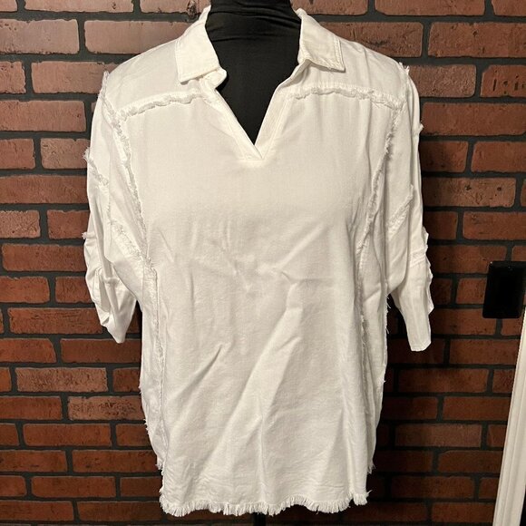 NWT Multiples white frayed edge top with roll short sleeves.  Size med. - Picture 2 of 8